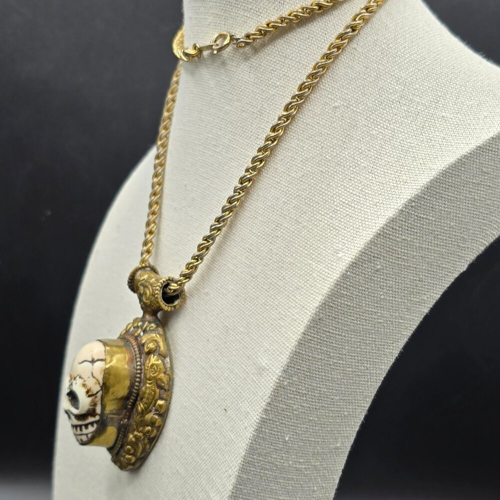 Brass Slider Pendant w Raised Resin Skull & Flower and Fish Motif on 24" Chain - Picture 3 of 10